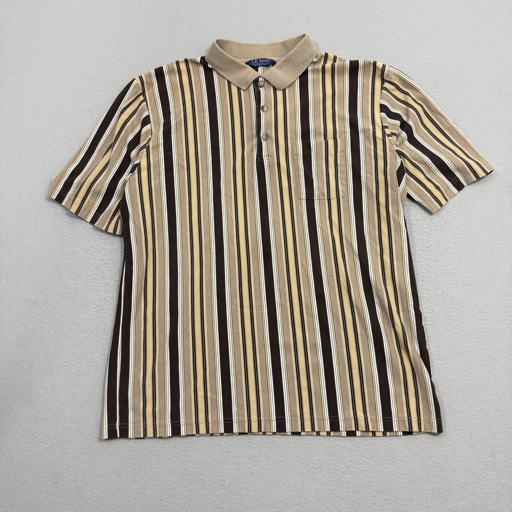 Vintage LD Sport Polo Shirt XXL Brown Vertical Stripe Short Sleeve Biggie Cosby